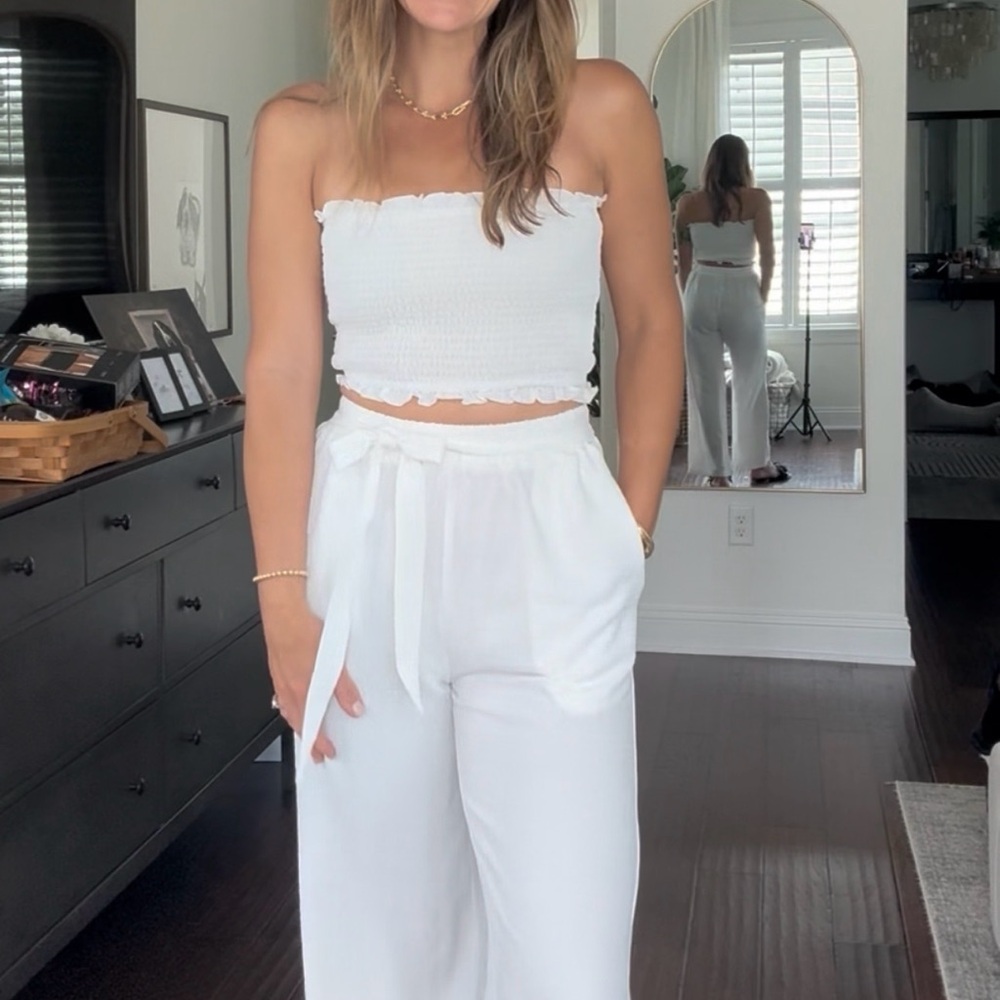 2 Piece Wide Leg White Linen Blend Pants with Bandeau for Women